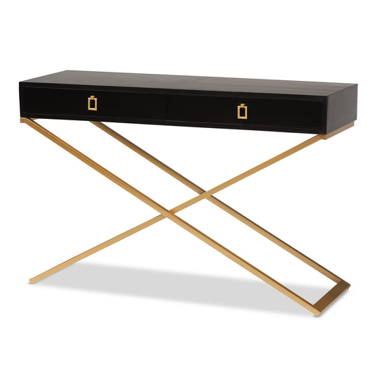 Madan Console Table Modern and Contemporary Black Finished Wood and Gold Metal 2-Drawer