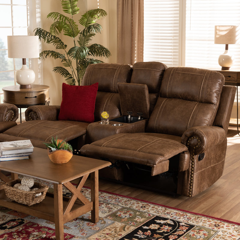 Buckley Reclining Loveseat Modern Light Brown Faux Leather Upholstered 2-Seater with Console for Ultimate Comfort and Style