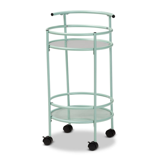 Newell Mid-Century Modern Kitchen Cart Mint Green Metal 2-Tier Rolling Storage Trolley