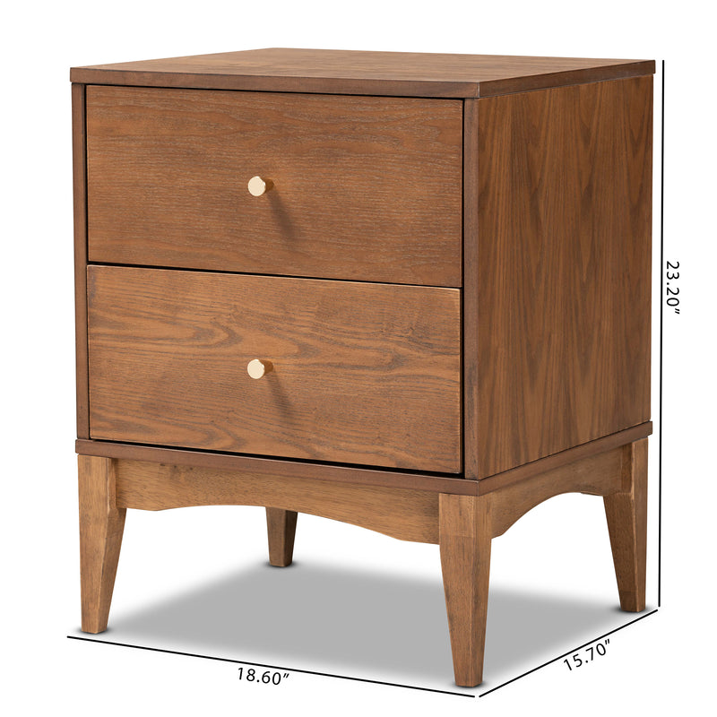 Landis Mid-Century Modern Nightstand Ash Walnut Finished Wood with 2 Drawers for Stylish Bedroom Storage