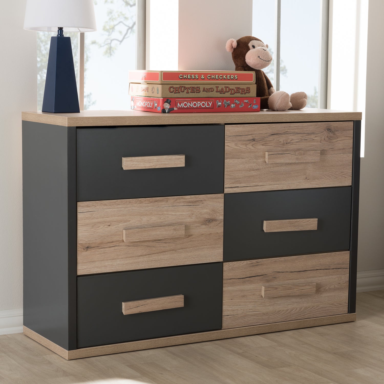 Pandora Dresser Modern Two-Tone Design in Dark Grey and Light Brown with 6 Drawers for Ample Storage