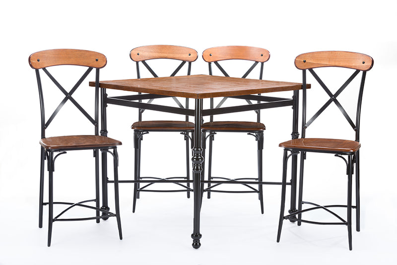 Broxburn Pub Set Light Brown Wood & Metal 5-Piece Dining Furniture for Home or Bar