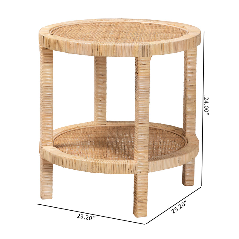 Bella Modern Bohemian End Table Natural Brown Mahogany Wood and Rattan 2-Tier Design for Chic Living Room Decor