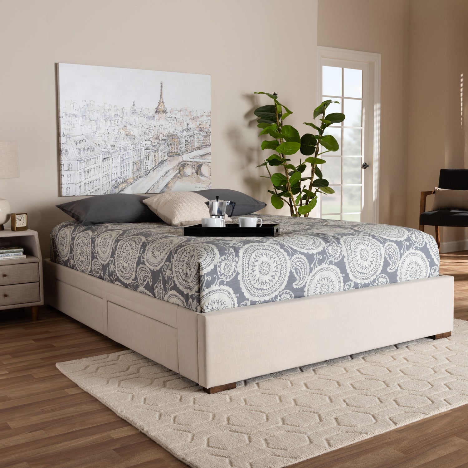 Leni Platform Storage Bed Frame - Modern and Contemporary Beige Fabric Upholstered 4-Drawer Design