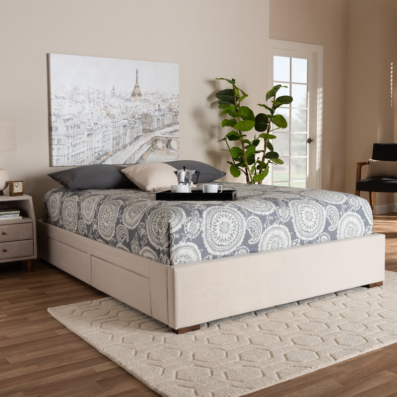 Leni Platform Storage Bed Frame - Modern and Contemporary Beige Fabric Upholstered 4-Drawer Design