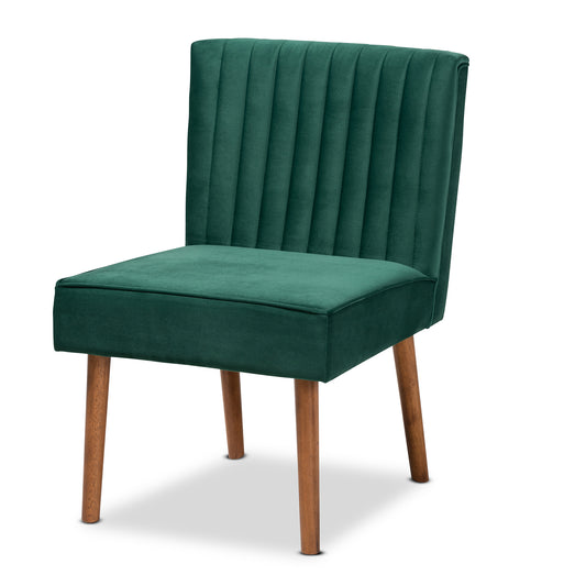 Alvis Dining Chair Mid-Century Modern Emerald Green Velvet Upholstered Walnut Brown Finished Wood