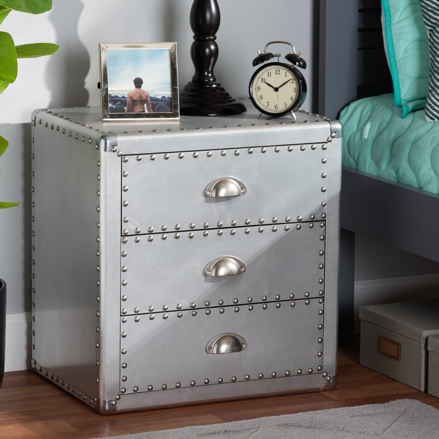 Armel End Table French Industrial Style Silver Metal 3-Drawer Nightstand with Storage