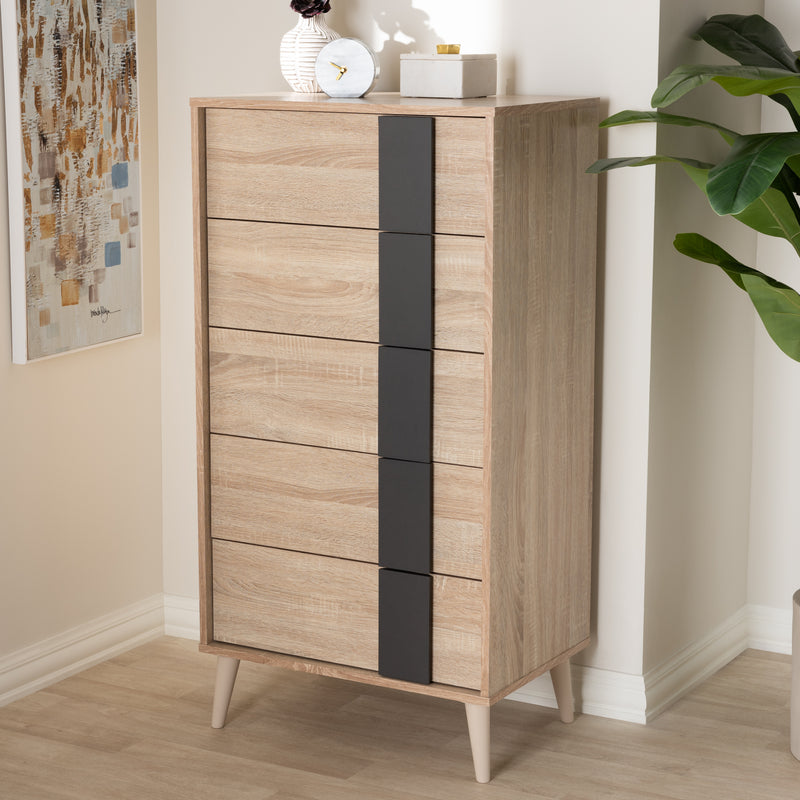 Lisen 5-Drawer Chest in Mid-Century Modern Light Oak and Grey Finish, Stylish Storage for Bedroom or Living Room