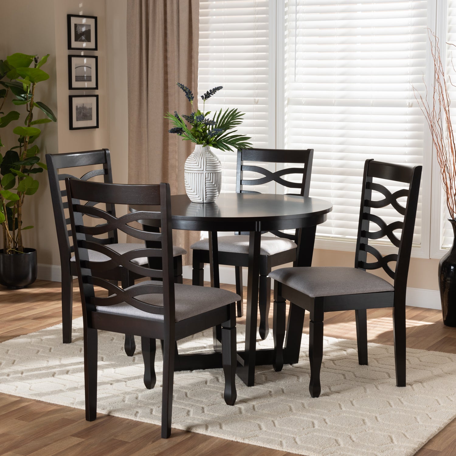 Leda 5-Piece Dining Set Modern Grey Fabric Upholstered Chairs with Dark Brown Finished Wood Table