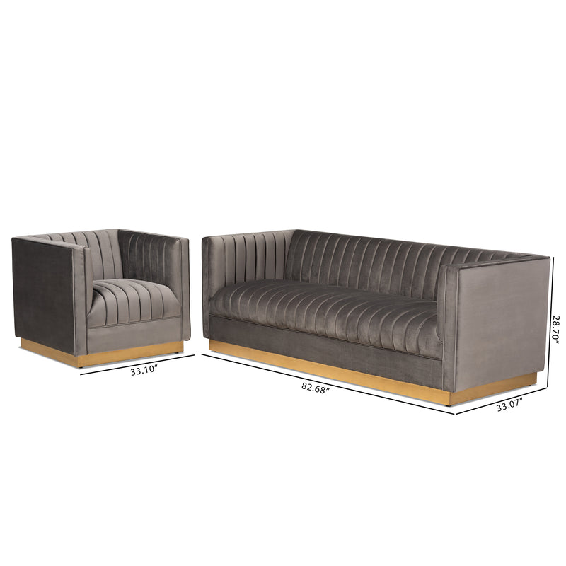 Aveline Glam Luxe 2-Piece Living Room Set Grey Velvet Fabric Brushed Gold Finish