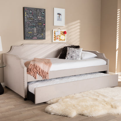 Ally Sofa Daybed - Modern and Contemporary Beige Fabric Upholstered with Roll Out Trundle Guest Bed