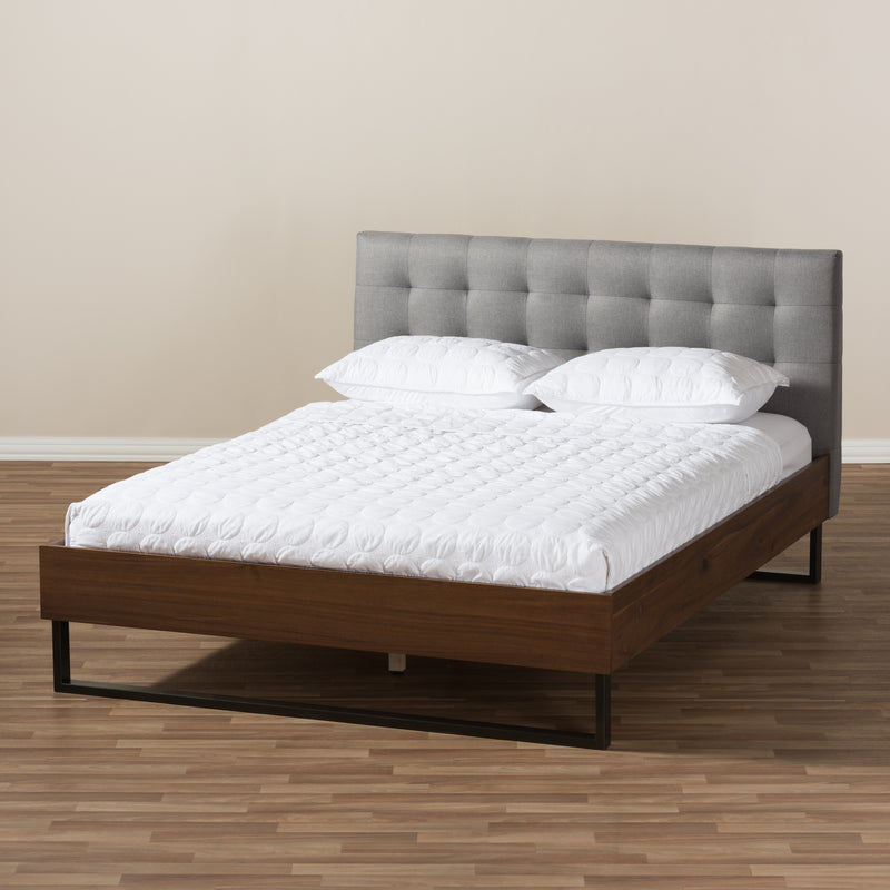 Mitchell Platform Bed - Rustic Industrial Walnut Wood with Grey Fabric and Dark Bronze Metal