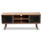 Yuna TV Stand Mid-Century Modern Design Natural Brown Wood Black Metal 2-Door Storage Solution for Living Room Entertainment