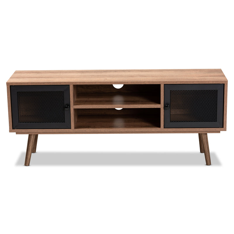 Yuna TV Stand Mid-Century Modern Design Natural Brown Wood Black Metal 2-Door Storage Solution for Living Room Entertainment