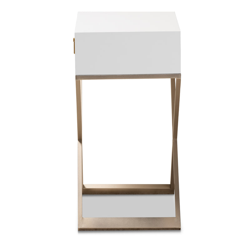 Patricia Modern End Table White Finished Wood with Brass Effect Metal 1-Drawer Design for Stylish Living Room or Bedroom Decor