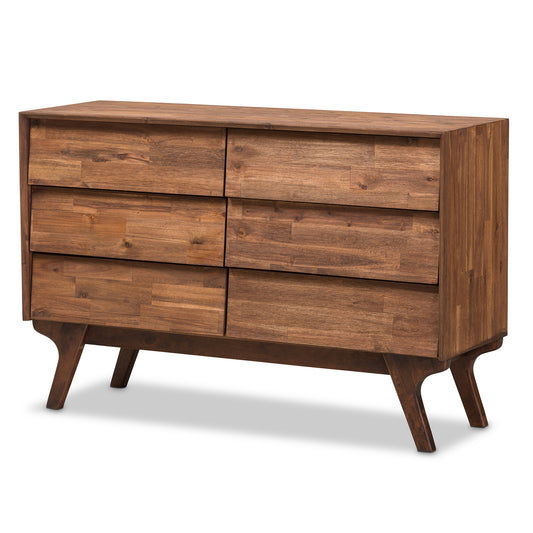 Sierra Mid-Century Modern Dresser Brown Wood 6-Drawer Storage Solution for Stylish Bedrooms