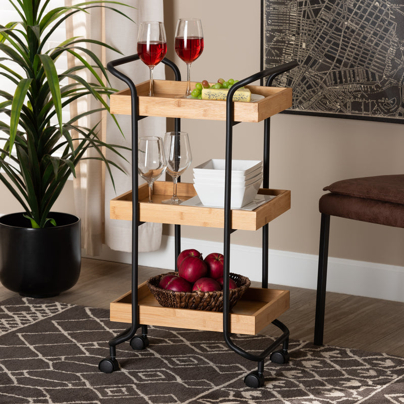 Baxter Mobile Kitchen Cart Modern 3-Tier Design with Oak Brown Wood and Black Metal Frame