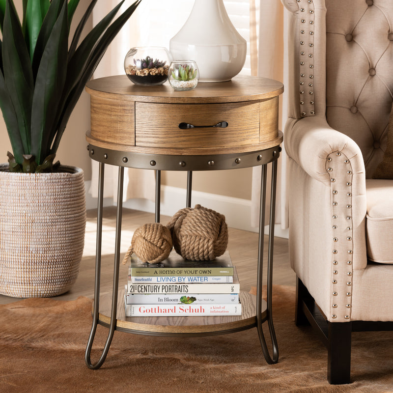 Kellyn End Table Vintage Rustic Industrial Design with Oak Brown Wood and Black Metal, Featuring 1 Storage Drawer