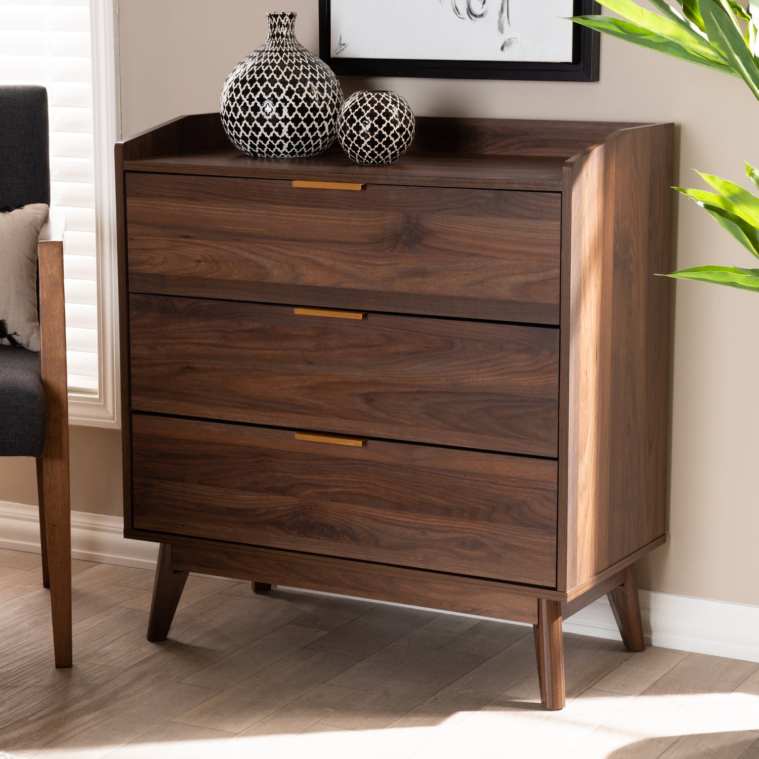 Lena Mid-Century Modern Chest - Walnut Brown 3-Drawer Wood Storage Unit for Bedroom or Living Room