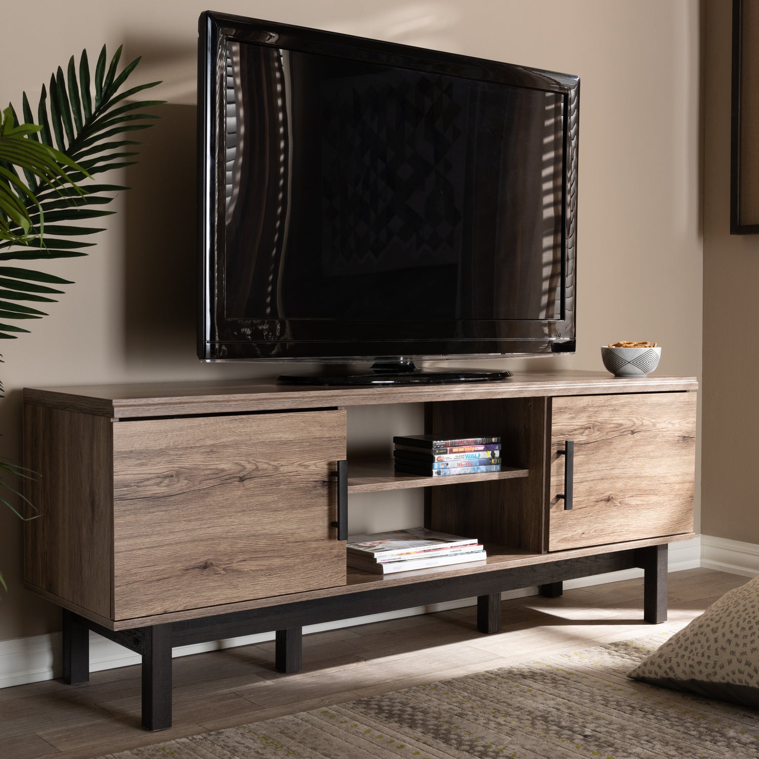 Arend TV Stand Modern Two-Tone Oak and Ebony Wood 2-Door Entertainment Center for Living Room Storage and Display