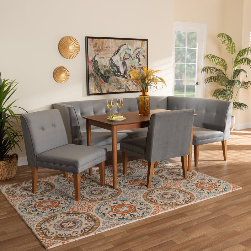 Stewart Mid-Century Modern Dining Set 5-Piece Grey Velvet Table and Walnut Brown Finished Wood Chairs