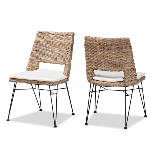 Nafaro Modern Bohemian Dining Chair Set Grey Natural Rattan with Cushions 2-Piece Metal Frame for Stylish Dining Spaces