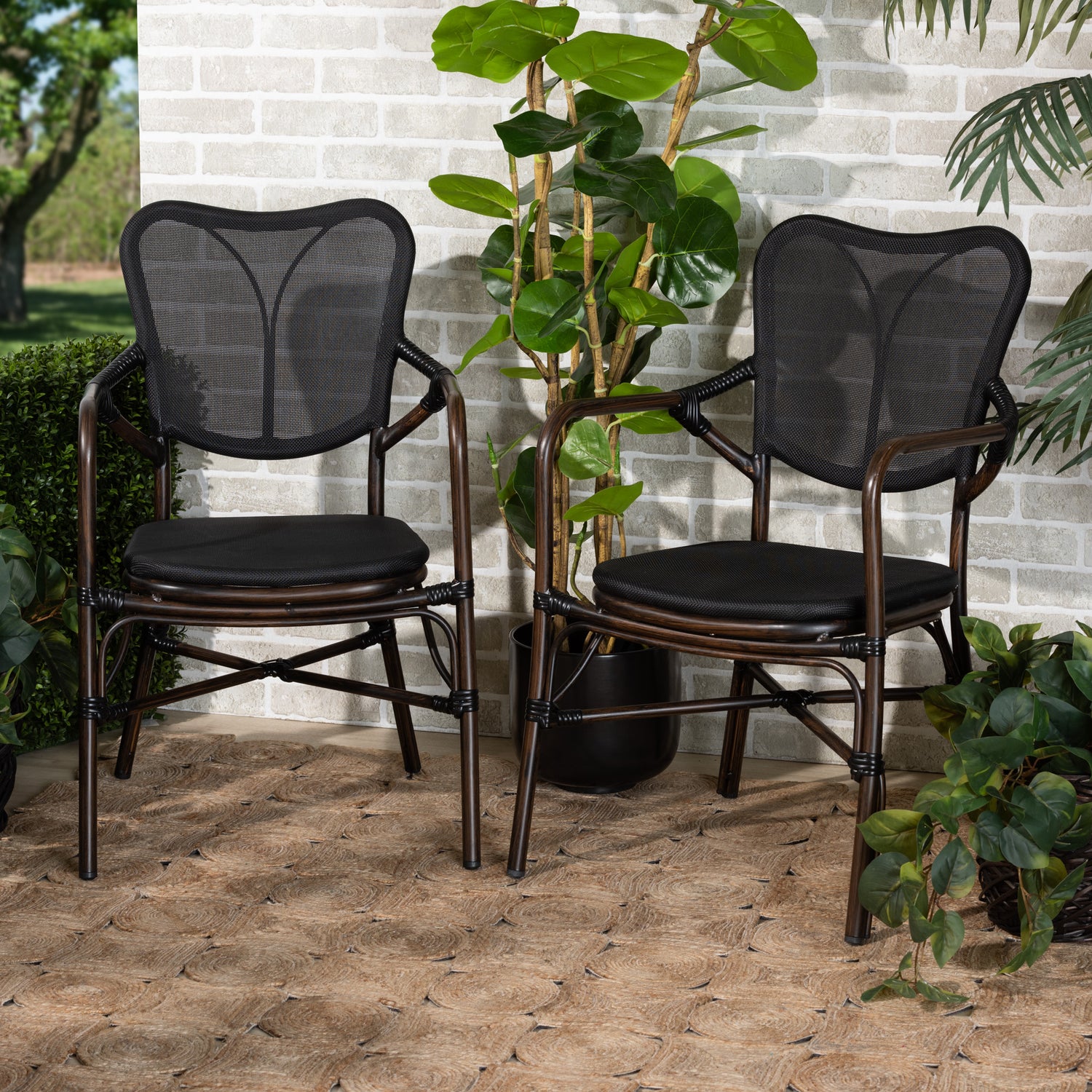 Erling Outdoor Dining Chair Set - Mid-Century Modern Black and Dark Brown Metal, 2-Piece Set for Stylish Patio or Garden Seating