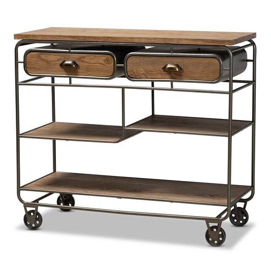 Grant Vintage Rustic Industrial Kitchen Cart with 2 Drawers, Oak Brown Wood and Black Metal Design