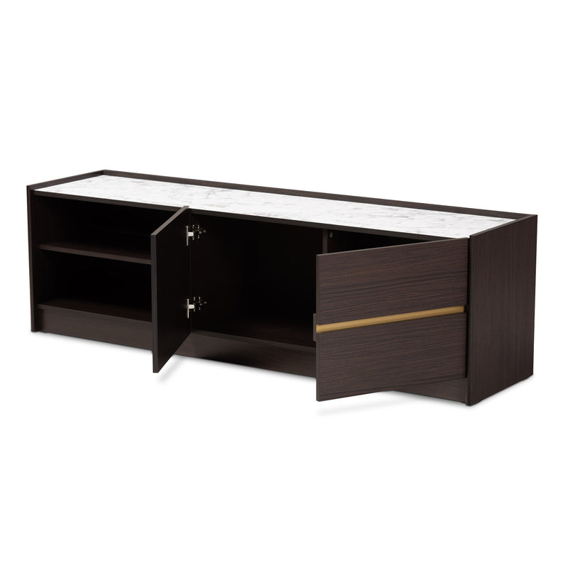 Walker Modern Contemporary TV Stand Dark Brown Gold Finished Wood Faux Marble Top for Stylish Living Room Storage Display