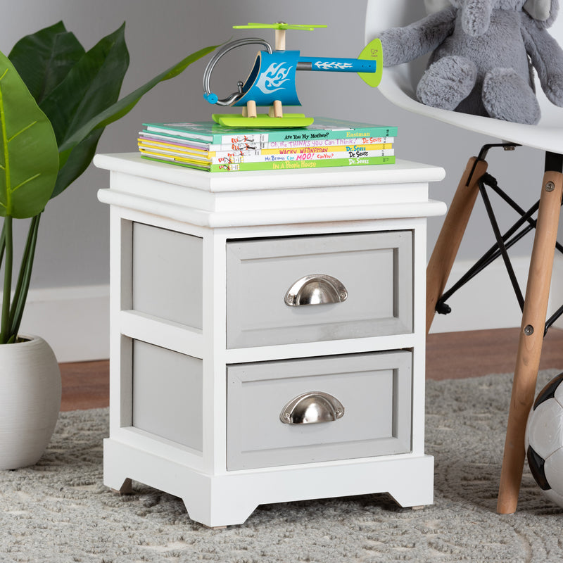 Cachet Modern Two-Tone Grey and White Wood End Table with 2 Drawers for Stylish Living Room Storage