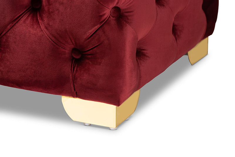 Avara Bench Ottoman Burgundy Velvet Fabric Upholstered Gold Finished Button Tufted