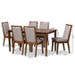 Rosa Dining Set Modern and Contemporary Grey Fabric Upholstered Walnut Brown Finished Wood 7-Piece