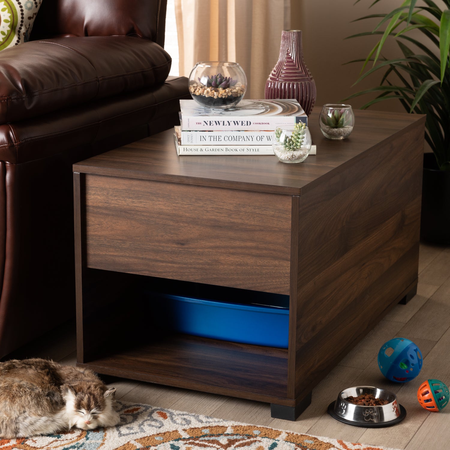 Skylar Cat Litter Box Cover Modern Walnut Brown Design for Stylish Pet Spaces