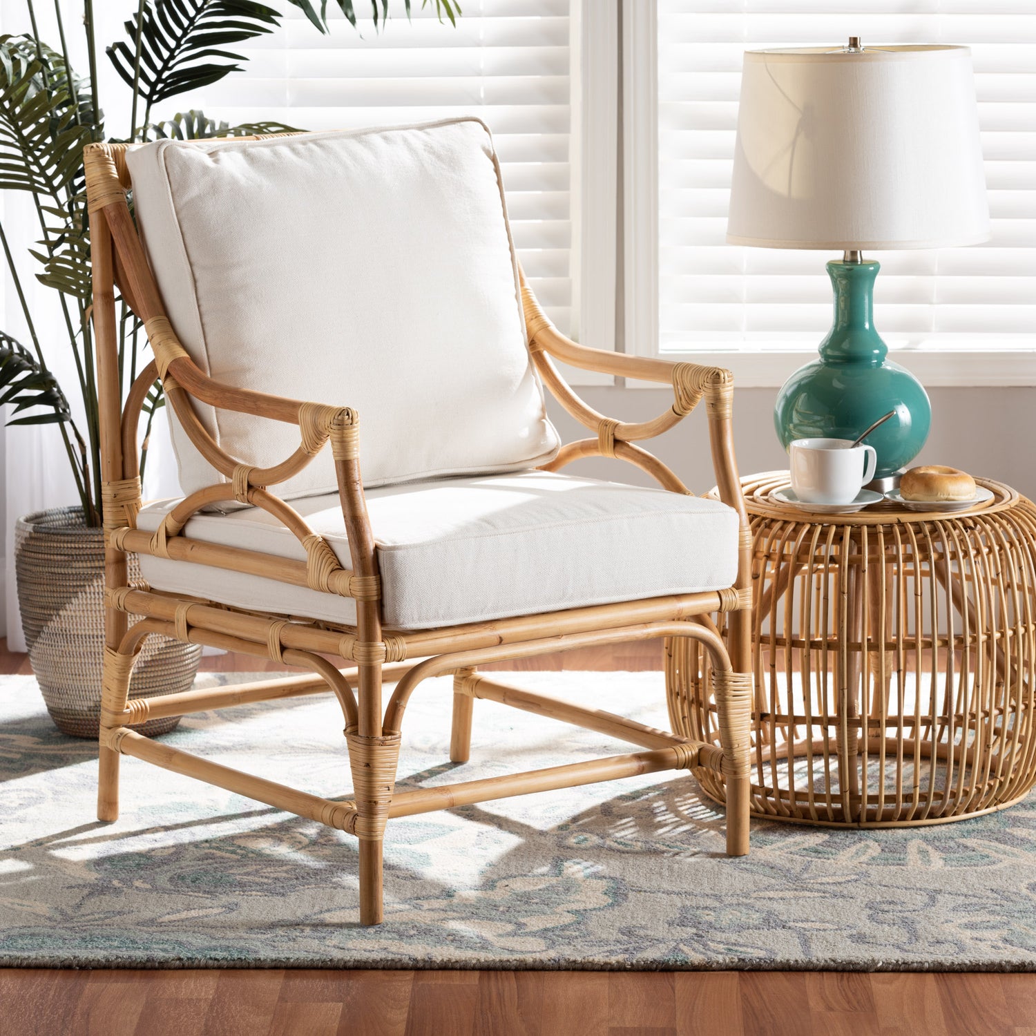 Brandon Modern Bohemian Armchair White Fabric Upholstered with Natural Brown Rattan Accents Stylish Comfortable Seating for Home Decor