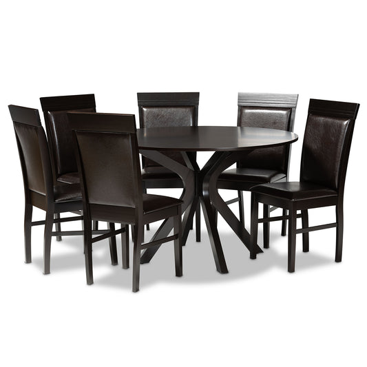 Jeane 7-Piece Dining Set Modern Dark Brown Faux Leather Chairs with Dark Brown Finished Wood Table