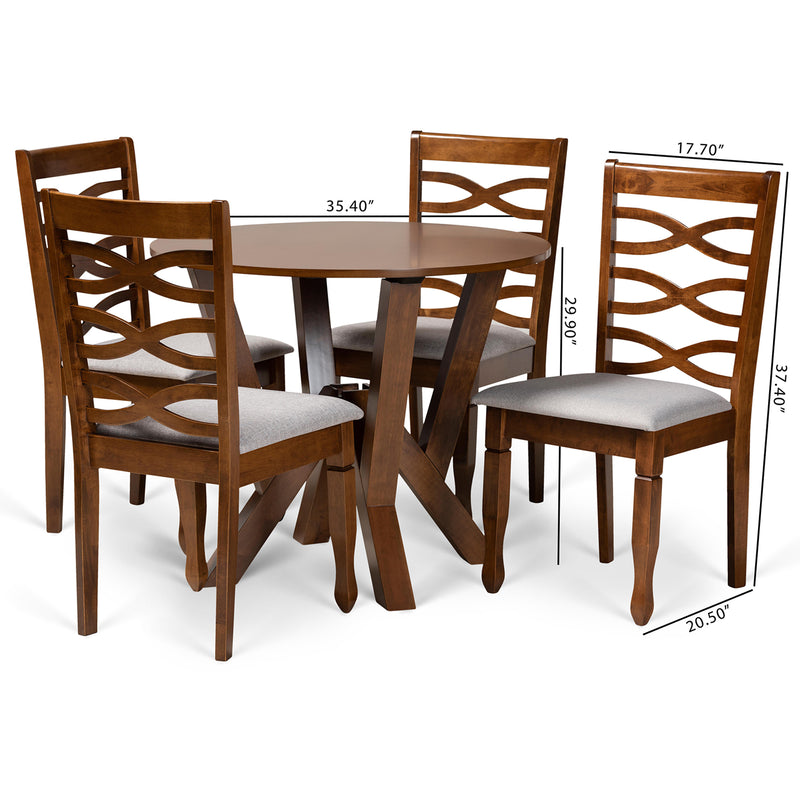 Ariane 5-Piece Dining Set in Modern Style with Grey Fabric Upholstery and Walnut Brown Wood Finish