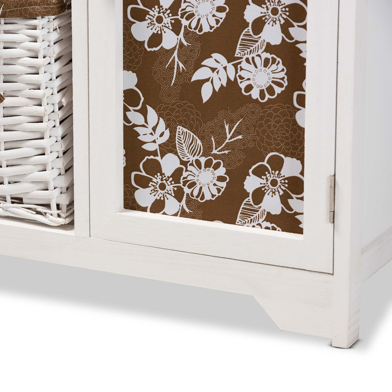 Abril Multi-Colored Fabric Upholstered Ironing Board Cabinet with Drop Leaf Design and White Wood Finish, Includes Woven Storage Baskets