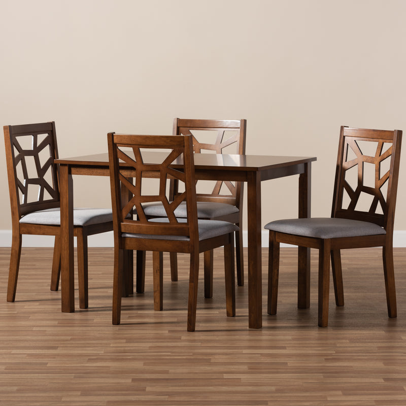 Abilene Dining Set Mid-Century Walnut Finished and Grey Fabric Upholstered 5-Piece