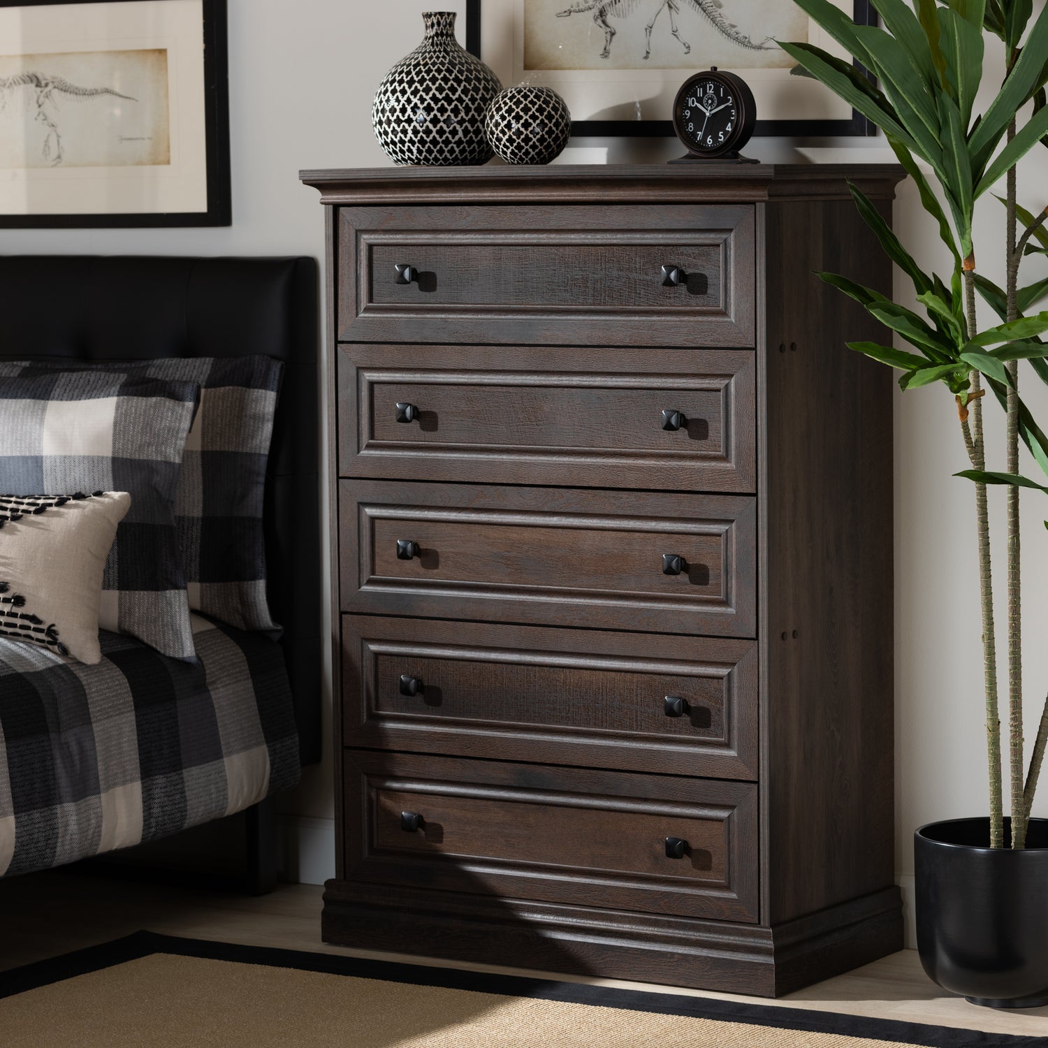 Nolan 5-Drawer Wood Chest in Hazel Walnut Finish - Stylish Storage for Bedroom or Living Room