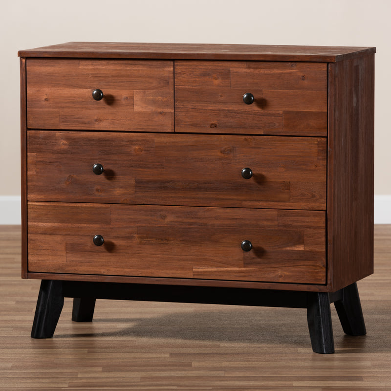 Calla 4-Drawer Wood Dresser in Modern Brown and Black Oak Finish, Stylish Storage for Bedroom or Living Room