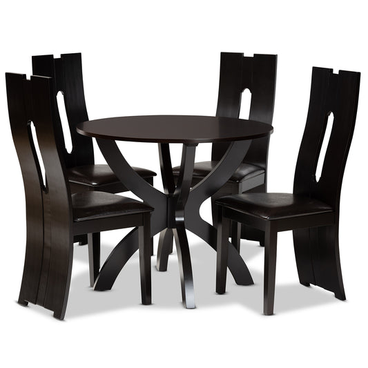 Ronda 5-Piece Dining Set Modern Dark Brown Faux Leather Chairs with Dark Brown Finished Wood Table