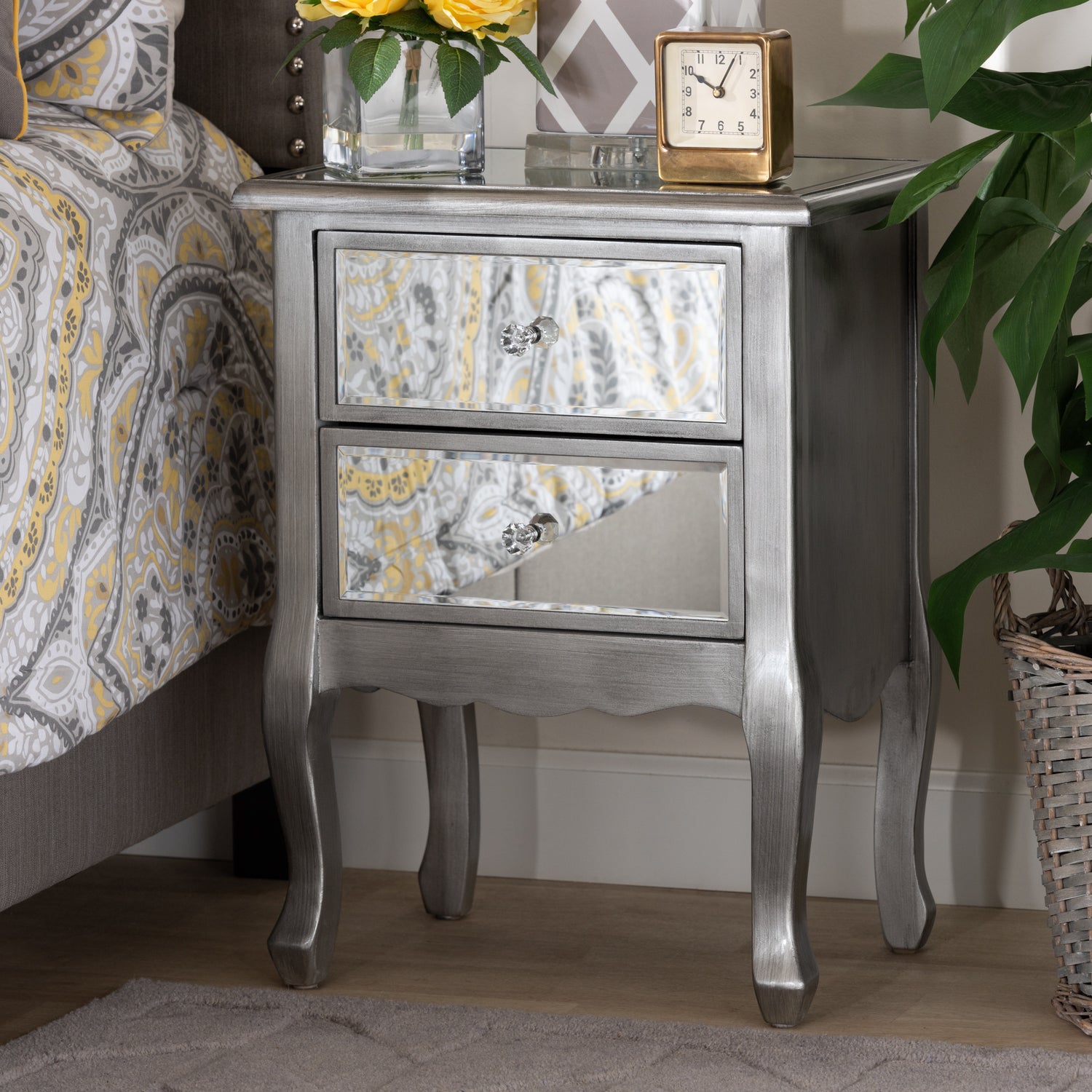 Leonie End Table Modern Transitional Design with Brushed Silver Finished Wood and Mirrored Glass Featuring 2 Stylish Storage Drawers