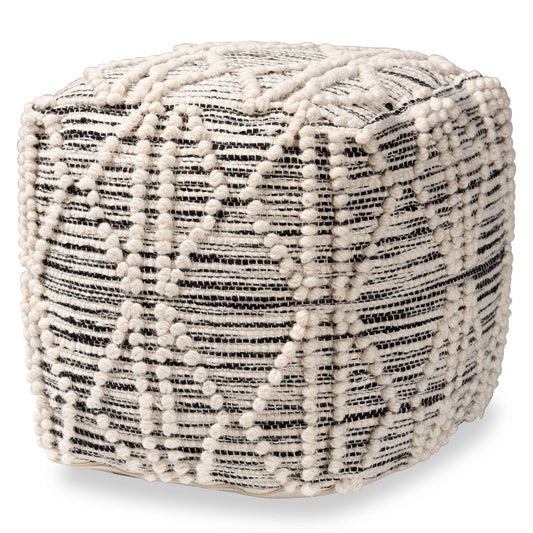 Sentir Pouf Ottoman Modern Moroccan Inspired Handwoven Wool Blend in Ivory and Black