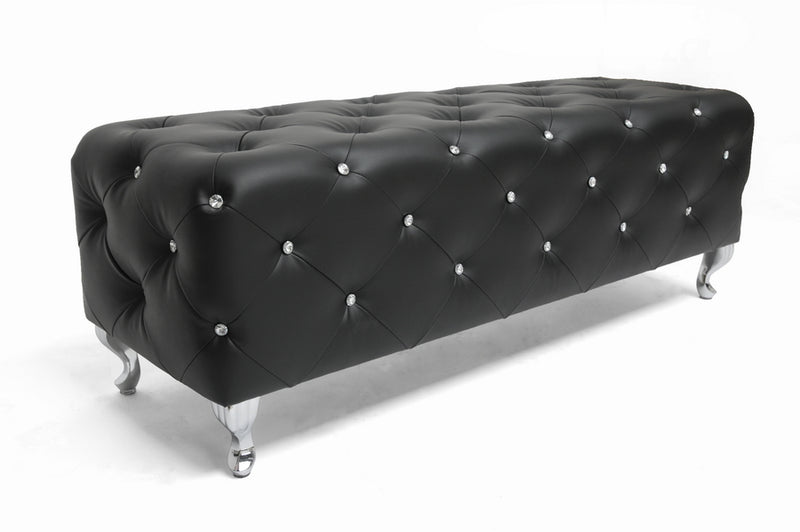 Stella Bench Crystal Tufted Black Leather Modern