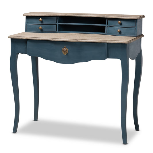 Celestine Accent Writing Desk in French Provincial Blue Spruce Finished Wood, Elegant Vintage Style Home Office Furniture