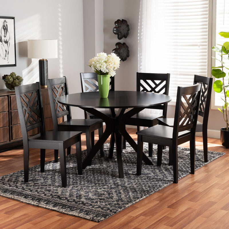 Ela Modern Contemporary 7-Piece Dining Set in Dark Brown Finished Wood