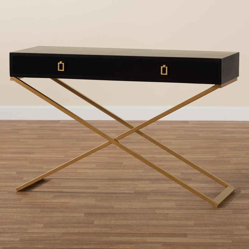 Madan Console Table Modern and Contemporary Black Finished Wood and Gold Metal 2-Drawer