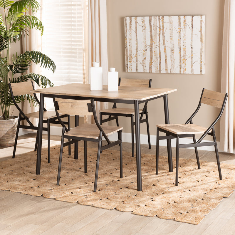 Carmen 5-Piece Dining Set in Modern Contemporary Style with Oak Brown Wood and Dark Brown Metal Accents