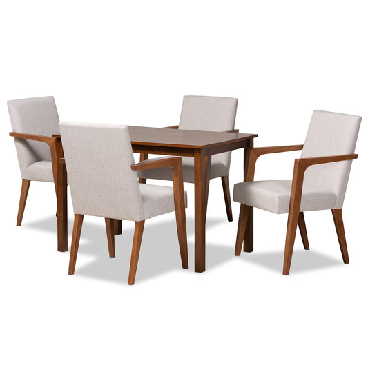 Glenda Dining Set Mid-Century Modern 5-Piece Collection with Greyish Beige Upholstery and Walnut Brown Finished Wood