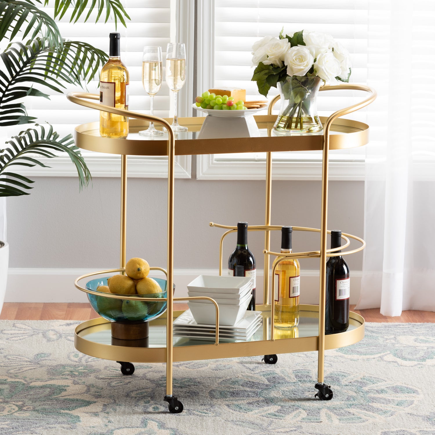 Kamal Mobile Wine Bar Cart Modern Glam Design with Brushed Gold Metal and Mirrored Glass, 2-Tier Storage